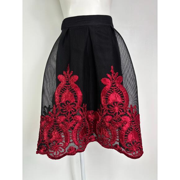 Love Culture Black Mesh Skirt Red Ribbon Embroidery Size Small Romantic Goth - Picture 8 of 14